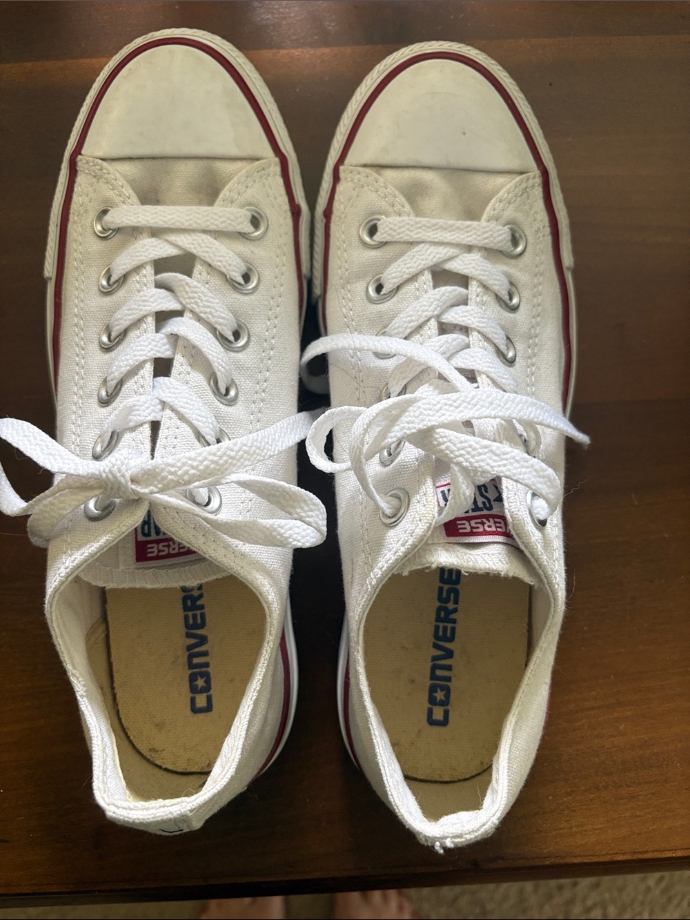 Converse White Low-Top Canvas Sneakers with Red Stripe